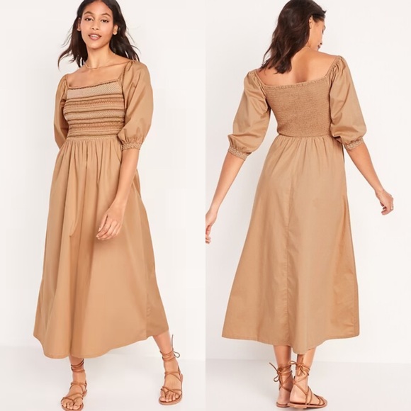 Old Navy Dresses & Skirts - NWT Old Navy Fit & Flare Off the Shoulder Cotton Poplin Smocked Maxi Dress Tan